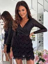 Load image into Gallery viewer, Sequin Party dress, Long Sleeve Sequin Party Dress, Fringe Dress, Sequin Glitter Dress, women's Cocktail Dresses, cocktail dresses with sleeves, sparkly mini dress, sequin fringe dress, black sequin dress,  petite evening dresses with sleeves, dinner party dress, evening party dress, tea party dress, party & cocktail dress.