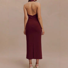 Load image into Gallery viewer, burgundy backless halter midi dress, bodycon midi dress, elegant halter neck dress, burgundy halter dress, burgundy dress, summer backless dress, halter midi dress, formal midi dress, sheath dresses for women, luxury fashion dress, timeless midi dress, backless halterneck midi dress for women.