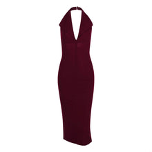 Load image into Gallery viewer, Slay all Day Burgundy Backless Halter Midi Dress | Bodycon Midi Dress | Elegant Halter neck dress