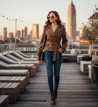 Load image into Gallery viewer, short trench coat women, Cropped suede trench coat women, belted suede jacket women ideal for workwear trench coat outfit, quiet luxury suede jacket aesthetic meets timeless old money trench coat energy.