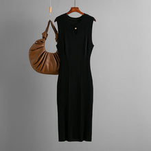 Load image into Gallery viewer, sleeveless knit dress, bodycon midi dress, Slim-fit sleeveless viscose midi dress ,crew neck bodycon knit dress perfect for cocktail outfit, summer date dress, chic dinner party vibe in neutral and bold tones.