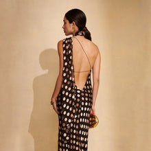 Load image into Gallery viewer, black chiffon polka dot halter dress for cocktail party, backless maxi dress, long summer dresses, 2025 wedding guest dress chiffon halter style, black polka dot chiffon dress for romantic dinners.