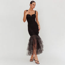 Load image into Gallery viewer, best dress for your query - what to wear to a summer wedding as a guest. Black tulle mesh bodycon dress, sleeveless lace detailing, stunning choice for evening parties or summer weddings, black lace maxi dress for evening parties.
