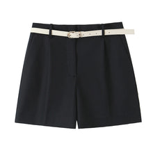 Load image into Gallery viewer, black tailored shorts, work clothes petite, shorts with belt loops, belted cargo shorts, ladies black tailored shorts, Tailored pleated wide-leg belted shorts for women in black, high-waist poly-cotton summer shorts for office wear, travel outfit, minimalist chic brunch look.