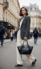 Load image into Gallery viewer, black tote bag with gold, pu leather tote bag, Spacious tote bag with laptop compartment, the Solenne structured PU leather tote doubles as a laptop work bag for women, ideal for professionals, office days, and travel, affordable luxury tote women.