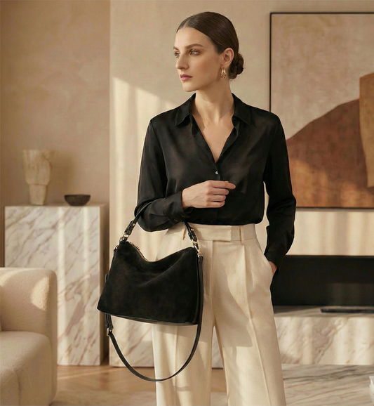 black tote with removable crossbody strap, Women’s suede hobo bag with relaxed shape and structured handle, designed for daily wear, office outfits, casual styling, and modern minimalist wardrobes, old money fall bag, slouchy shoulder bag.