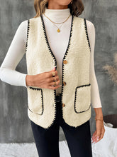 Load image into Gallery viewer, black trim sherpa vest, women’s winter vest, casual layering vest, cozy sherpa vest, Cozy sherpa vest with pockets in cream ivory, styled as casual layering vest, women’s office vest for business casual looks, brunch outfit vest, or fall vest outfit women Pinterest trend..