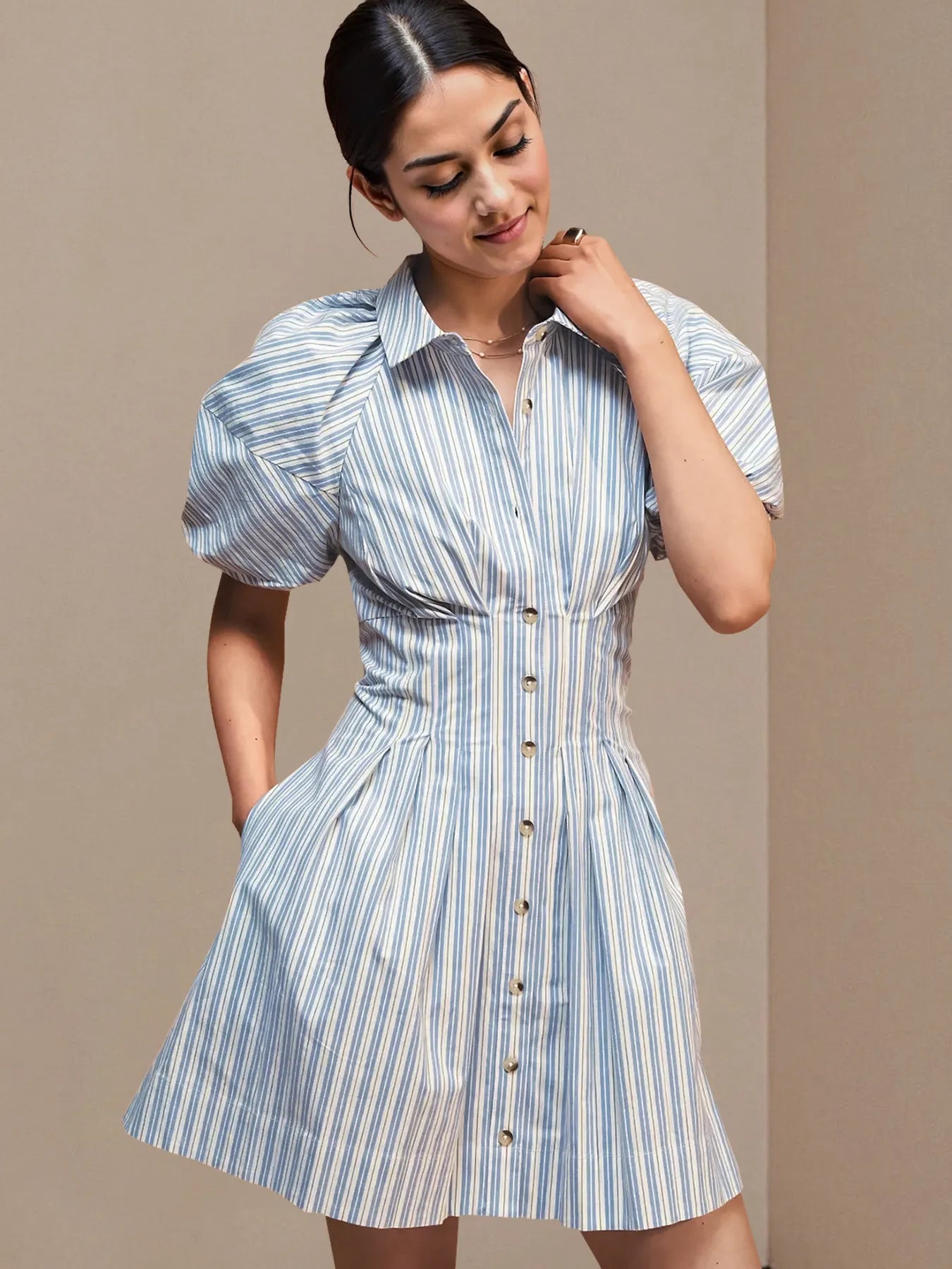 Striped shirt dress women, fit and flare mini dress, button front dress, cinched waist dress, old money aesthetic dress, office casual dress women, structured fit and flare dress, Pinterest aesthetic summer dress, quiet luxury summer outfit, tailored shirt dress outfit, expensive looking dresses.