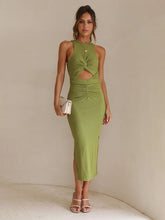 Load image into Gallery viewer, bodycon midi dress, rooftop dinner dress, summer date night outfits, going out dress, summer vacation dress, bodycon beach outfits. slim fit front cutout bodycon midi dress with side slit, casual sexy bodycon midi dress with front cutout and slit.