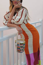 Load image into Gallery viewer, vertical stripe dress, boho maxi dress, colorblock vertical stripe maxi dress, luncheon dress, knotted bust dress, bold striped dress, puff sleeve maxi dress for beach brunch, bold vertical stripe dress for yacht party.