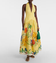 Load image into Gallery viewer, Halterneck Floral Maxi Dress, Summer Backless Dress, floral maxi dress, Long Floral Dress, floral sundress, Backless maxi sundress, yellow floral dress, backless halter maxi, long backless dress, bright floral dress.