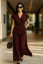 Load image into Gallery viewer, burgundy pant set women, Elegant burgundy pantsuit for women style with belted wrap top and wide leg trousers, perfect tailored pants set women look for office wear, brunch outfit pant set, or fall event ready, Workwear pant set women.