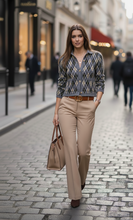 Load image into Gallery viewer, button-up cardigan women, gold button statement sweater, Retro preppy argyle cardigan women love, featuring a grey base with yellow and black diamond pattern, button-up front, and cozy knit texture perfect for fall layering and winter outfits, fall knit cardigan, cropped cardigan women.