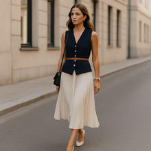 Load image into Gallery viewer, button vest women, tailored vest, business casual women, Minimalist vest women white, structured yet breathable ideal for power dressing women, business casual women, or travel looks.