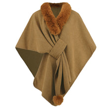 Load image into Gallery viewer, cape shawl, cape poncho, oversized fur cape, womens winter clothing, camel coat women, fur trim cape shawl, fur cape, sweater top, poncho sweater, cape coat women, oversized knit cape, poncho cardigan, stylish winter coats for women, fur cape, fur collar cardigan, fur collar sweater, poncho shawl, fashionable women's outerwear