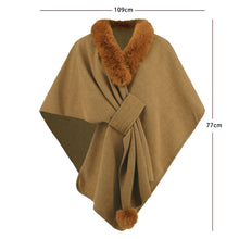 Load image into Gallery viewer, cape shawl, cape poncho, oversized fur cape, womens winter clothing, fur trim cape shawl, fur cape, sweater top, poncho sweater, cape coat women, oversized knit cape, poncho cardigan, stylish winter coats for women, fur cape, fur collar cardigan, fur collar sweater, poncho shawl, fashionable women's outerwear.