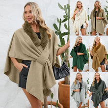 Load image into Gallery viewer, cape shawl, cape poncho, oversized fur cape, womens winter clothing, fur trim cape shawl, fur cape, sweater top, poncho sweater, cape coat women, oversized knit cape, poncho cardigan, stylish winter coats for women, fur cape, fur collar cardigan, fur collar sweater, poncho shawl, fashionable women's outerwear.