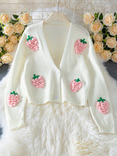 Load image into Gallery viewer, cardigan sweater for women, cozy knitwear for women, strawberry knit cardigan, strawberry sweater top, soft girl aesthetic outfit, cropped cardigan top, trendy fall layering.