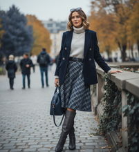 Load image into Gallery viewer, classy fall outfit skirt, Belted midi skirt with bronze buckle, plaid A-line skirt midi length, office skirt women styling, fall plaid skirt outfits layered with knits, preppy chic skirt office outfit inspiration, midi skirt with belt office look