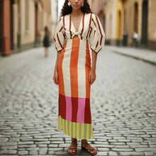 Load image into Gallery viewer, colorblock vertical stripe maxi dress, puff sleeve maxi dress, cotton-linen blend maxi dress, vacation maxi dress, party maxi dress, yacht party dress, bold vertical stripe dress for yacht party, casual yet dressy cotton linen dress.