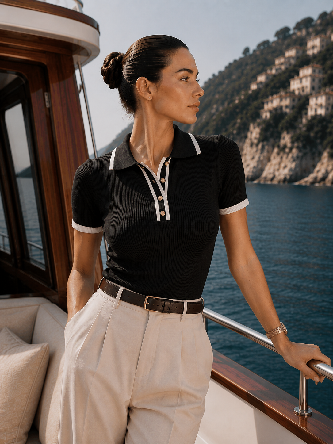 Old Money fitted knit polo shirt, contrast trim polo top in black, Black ribbed polo top showing a classic collar, short sleeves, contrast edging and front buttons, with a streamlined silhouette that suits contemporary preppy and minimalist fashion styling beautifully.