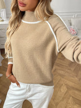 Load image into Gallery viewer, High neck knit sweater for women with white piping detail, classic beige pullover in soft-touch fabric, Pinterest trending cozy chic fall outfit, minimalist business casual knitwear, contrast trim turtle neck sweater women, cozy knit turtleneck sweater, camel turtleneck sweater women.