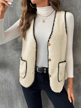 Load image into Gallery viewer, layering vest women, ivory sherpa vest, fall vest outfit women, women’s sherpa vest, Women’s sherpa vest in ivory with contrast black trim, fluffy sherpa vest trend, versatile for business casual vest women styling, smart vest outfit women, or casual layering vest chic.