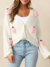Load image into Gallery viewer, cardigan sweater for women, cozy knitwear for women, strawberry knit cardigan, sweater top, cute fall cardigan for women, soft girl aesthetic outfit, cropped cardigan top, trendy fall layering, cozy fall outfit idea.