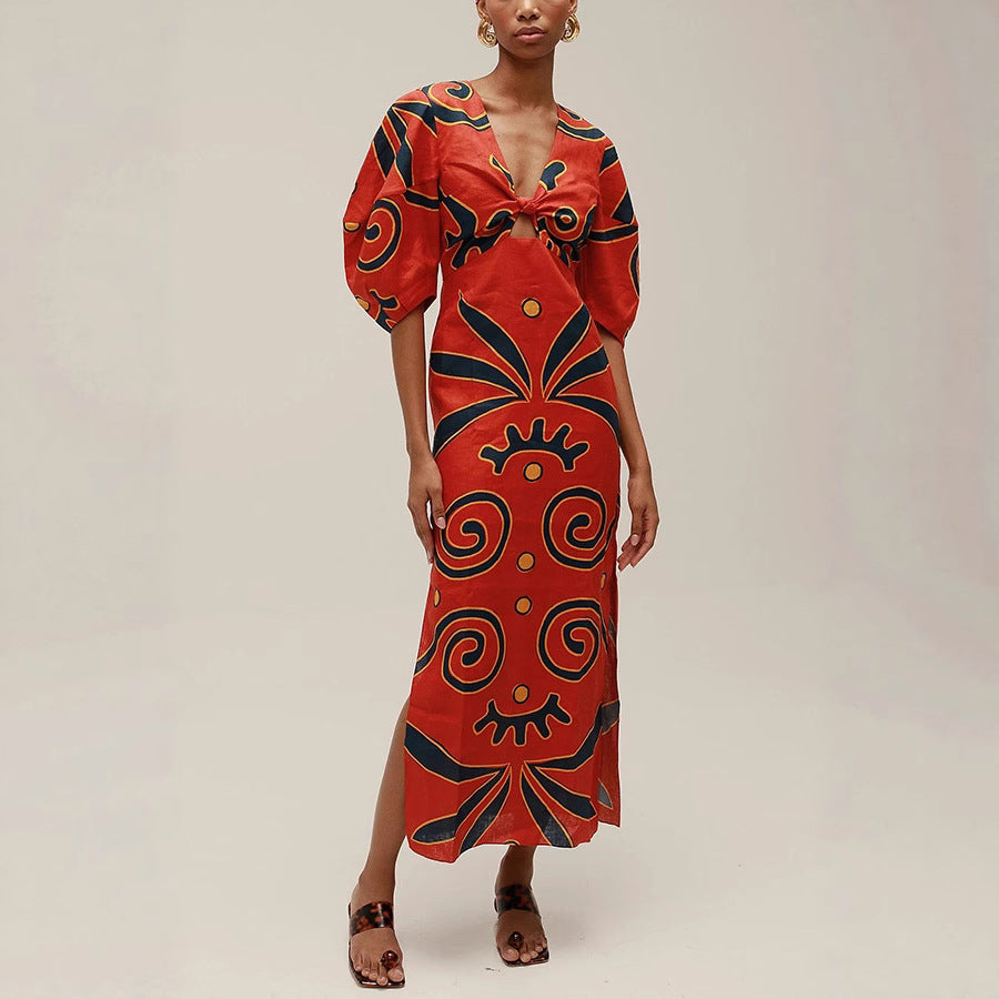 Red plunging vneck maxi dress, cute summer vacation dress