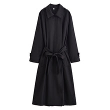 Load image into Gallery viewer, Black trench coat women, double breasted trench coat for curvy women, belted black trench, work-appropriate chic fall outfit, Instagram worthy style.