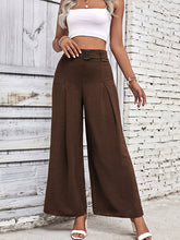 Load image into Gallery viewer, belted wide leg trousers in brown, office ready high waisted pants for women, flowy wide leg dressy trousers, travel-friendly wrinkle resistant work pants outfit for versatile wear, women’s wide leg pants with pockets, wrinkle resistant wide leg pants.