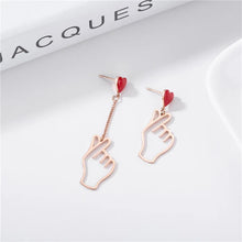 Load image into Gallery viewer, Heart Studs, Heart Dangle Earrings, Drop Heart Earrings, Earrings for women, Drop Earrings, heart earrings, dangle heart shaped earrings, womens fashion jewelry, elegant jewelry for women, fun quirky earrings for women, long earrings, drop earrings, chanel heart hearrings, kate spade heart earrings.