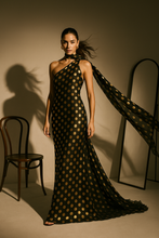Load image into Gallery viewer, golden polka dot party dress, elegant open back formal gown, elegant halter gown with side train for black tie partyunique open back dress for destination wedding guest