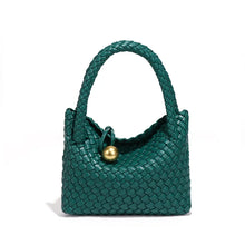 Load image into Gallery viewer, Emerald green sling bag, woven leather crossbody sling bag, sling purse, clutch bag, crossbody woven bag, satchel bag, beach bag, leather sling bag, rattan bag, basket bag, sling bag women, coach crossbody bag, sling bag women, best beach bag, woven texture crossbody sling bag.