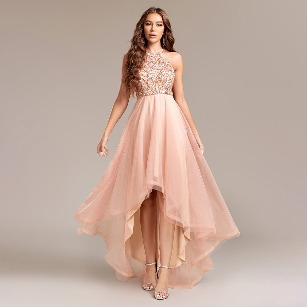 Tulle sequin cocktail dress, fitted halter bodice, perfect for formal parties and events, sequin halterneck dress, sequin party dress, tulle dress for party, mesh sequin dress, wedding guest dress sequin, sequin cocktail dress, high low hem dress, evening sequin dress.