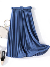 Load image into Gallery viewer, fall office outfits for women, Chic pleated midi skirt with belt, perfect for fall office outfits for women and autumn brunch looks. Style this flowy high-waist skirt for quiet luxury fashion and Parisian chic outfit ideas.