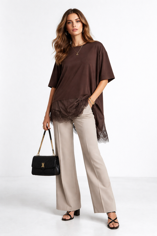 lace hem top, relaxed fit top women, Faux layered t shirt women, smooth cotton fabric with silky satin lace hem extension, loose oversized silhouette, layered lace hem top for minimalist outfit styling, ideal for work from home outfits, t shirt with lace hem, satin lace hem top.