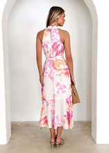 Load image into Gallery viewer, pink floral dress,  halterneck midi dress, floral print dress, flowy floral dress, floral halter dress, summer floral dress, ruffle midi dress, ruffle hem dress, floral sundress, pink halter dress, spring summer dress,  ruffle prom dress, halter summer dress.