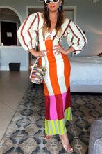 Load image into Gallery viewer, breathable striped midi dress for summer, colorblock maxi dress, front knot cutout maxi dress.