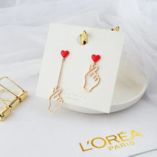 Load image into Gallery viewer, Heart Studs, Heart Dangle Earrings, Drop Heart Earrings, Earrings for women, Drop Earrings, heart earrings, dangle heart shaped earrings, womens fashion jewelry, heart drop earrings, korean finger heart earrings jewelry earrings, drop earrings, long earrings, party wear earrings, fun quirky earrings for women, long earrings, Elegant jewelry for women, Fun fashion jewelry, Womenās statement earrings, Quirky jewelry.