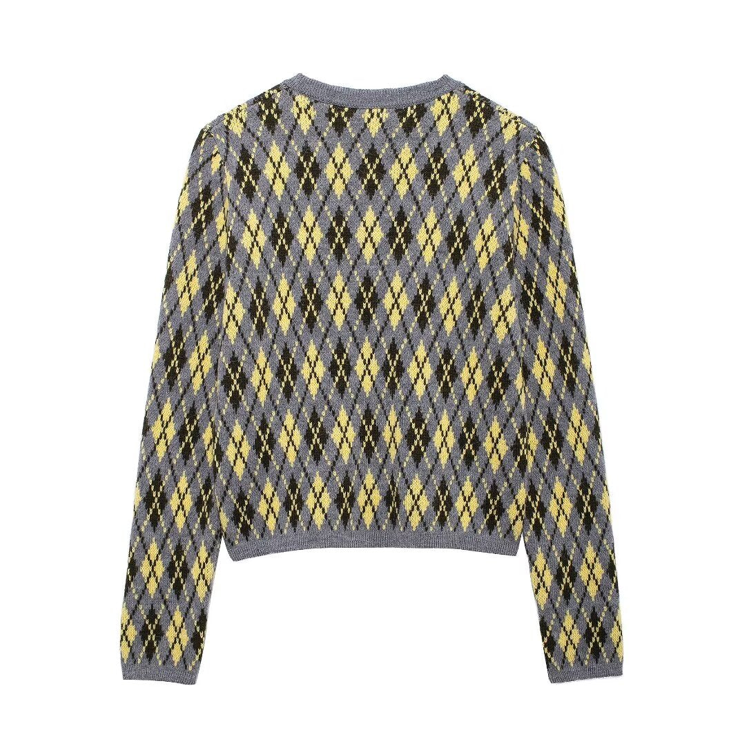 Aida Grey Argyle Cardigan | Cropped Button-Up Knit Cardigan| Gold Button Layering Cardigan