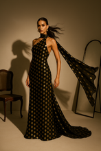 Load image into Gallery viewer, gold polka dot dress, open back maxi dress, cocktail party dress, flowy chiffon halter dress for summer wedding, 2025 wedding guest dress trend.