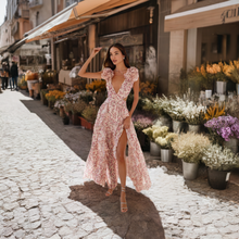 Load image into Gallery viewer, pink sundress maxi, cutout floral maxi sundress, ruffle maxi dress, Summer maxi dress, Maxi Sundress, floral Maxi Dress, Side cutout Dress, Long floral Dress, Flowy maxi Sundress, Summer Plunging V neck Dress, Summer long ruffle dress, Summer Cut out Dress, long ruffle dress, summer floral maxi dress, prom dress, boho maxi dress.