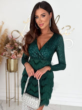 Load image into Gallery viewer, Sequin Party dress, Long Sleeve Sequin Party Dress, Fringe Dress, Sequin Glitter Dress, women's Cocktail Dresses, cocktail dresses with sleeves, sparkly mini dress, sequin fringe dress,  petite evening dresses with sleeves, dinner party dress, evening party dress, sexy birthday dresses, long sleeve party dress, tassel sequin dress.