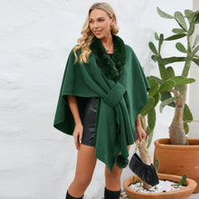 Load image into Gallery viewer, cape shawl, cape poncho, oversized fur cape, womens winter clothing, fur trim cape shawl, fur cape, sweater top, poncho sweater, cape coat women, oversized knit cape, poncho cardigan, stylish winter coats for women, fur cape, fur collar cardigan, fur collar sweater, poncho shawl, fashionable women's outerwear.