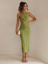 Load image into Gallery viewer, front cutout dress, front cutout midi dress, ruched bodycon dress, bodycon midi dress with slit, sexy casual midi dress for summer party, green sleeveless bodycon midi dress.