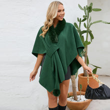 Load image into Gallery viewer, cape shawl, cape poncho, oversized fur cape, womens winter clothing, green poncho, burberry cape poncho, fur trim cape shawl, fur cape, sweater top, poncho sweater, cape coat women, oversized knit cape, poncho cardigan, stylish winter coats for women, fur cape, fur collar cardigan, fur collar sweater, poncho shawl, fashionable women's outerwear.