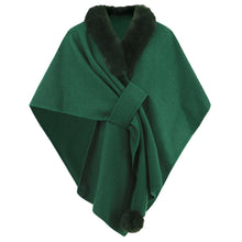 Load image into Gallery viewer, cape shawl, cape poncho, oversized fur cape, womens winter clothing, fur trim cape shawl, fur cape, sweater top, poncho sweater, cape coat women, oversized knit cape, poncho cardigan, stylish winter coats for women, fur cape, fur collar cardigan, fur collar sweater, poncho shawl, fashionable women's outerwear.