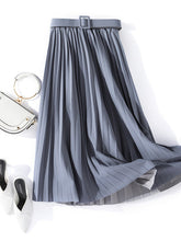 Load image into Gallery viewer, autumn layering outfits for women, Versatile pleated skirt for women, a chic fall fashion essential styled with belt. Works as autumn office outfit, travel-ready brunch outfit idea, or date night fall outfit with layering inspiration.