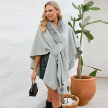 Load image into Gallery viewer, cape shawl, cape poncho, oversized fur cape, womens winter clothing, fur trim cape shawl, fur cape, sweater top, poncho sweater, cape coat women, oversized knit cape, poncho cardigan, stylish winter coats for women, fur cape, fur collar cardigan, fur collar sweater, poncho shawl, fashionable women's outerwear.